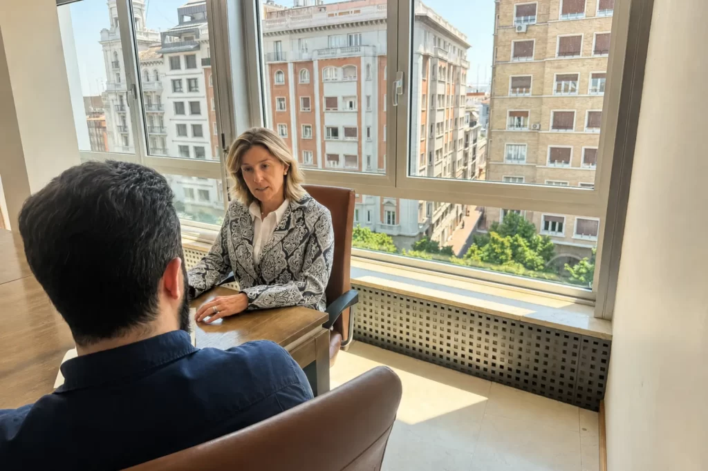 Fotografía de Belén Marco atendiendo a un cliente, Gestoría Marco